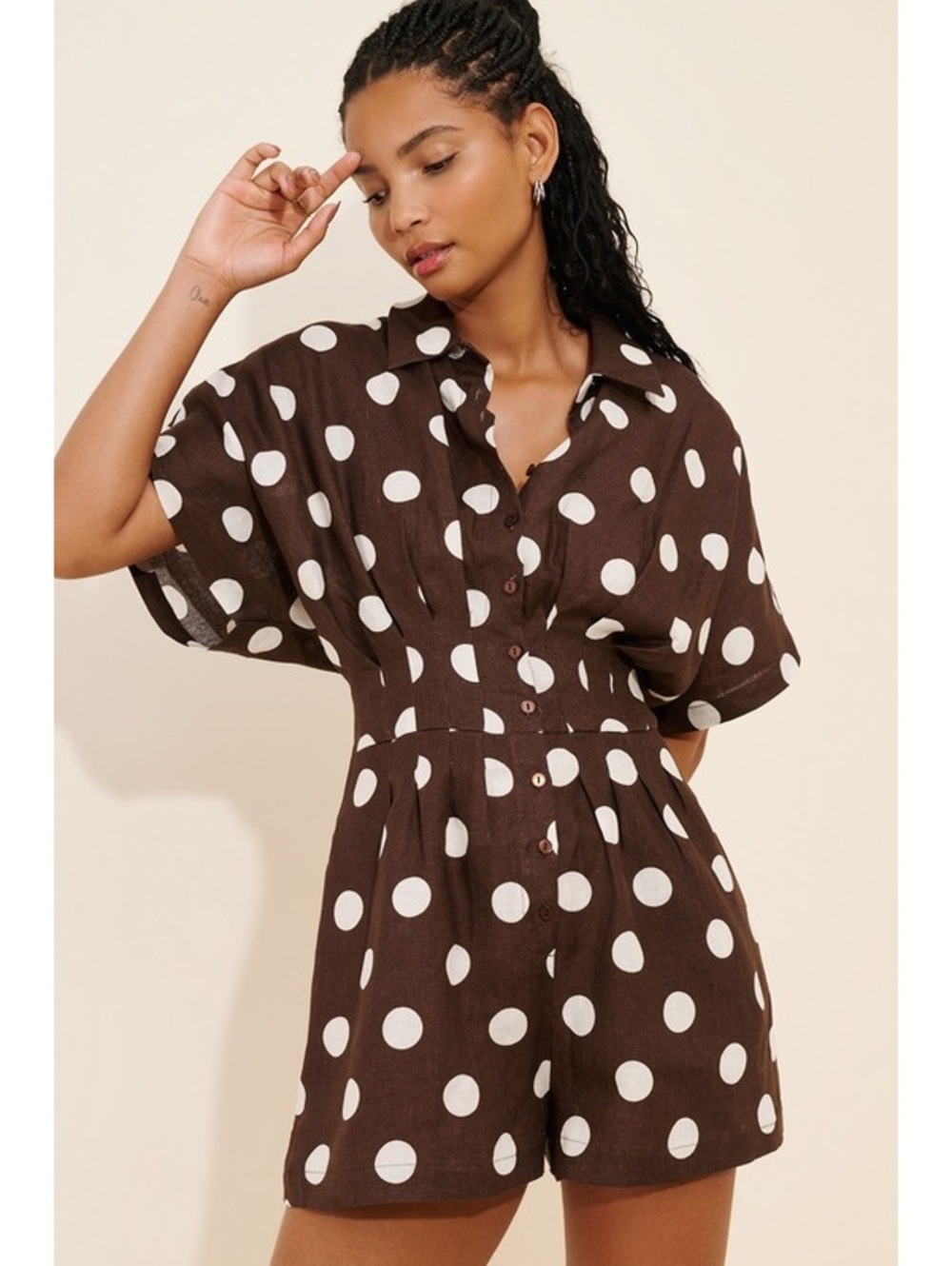 EXQUISE Linen Tobie Shirt Polka Romper